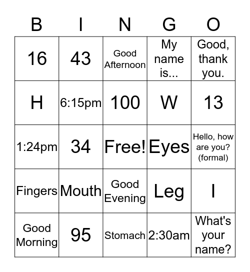 Spanish-English BINGO Card