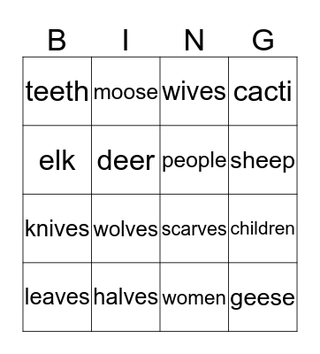 Irregular Plural Nouns Bingo Card