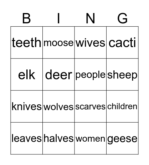 Irregular Plural Nouns Bingo Card