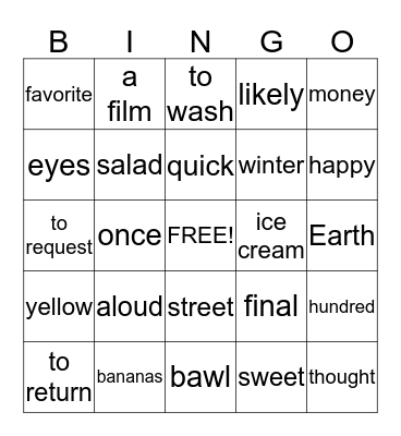 Word Bingo Card