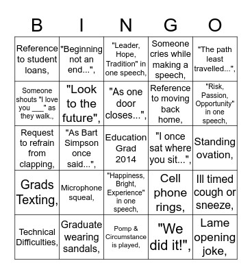 UW Faculty of Education Graduation Bingo Card