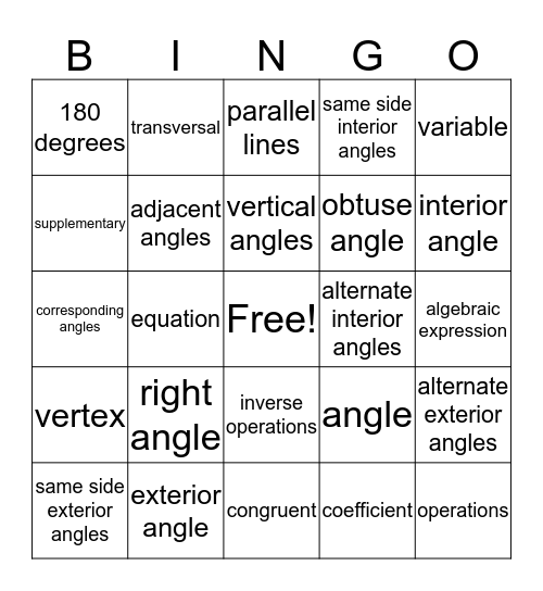 Angle Relationships Bingo Card