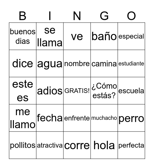Unit 2 Spanish 1 Bingo Card