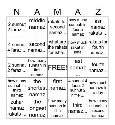 NAMAZ Bingo Card