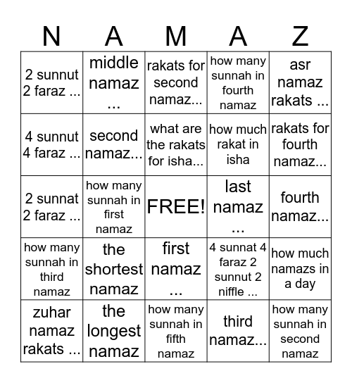 NAMAZ Bingo Card