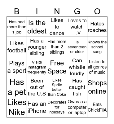 Getting To Know You! Bingo Card