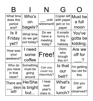 PV School Bingo Card