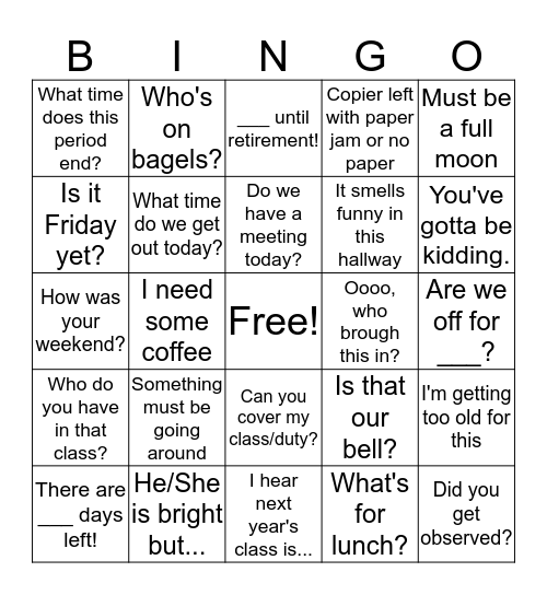 PV School Bingo Card