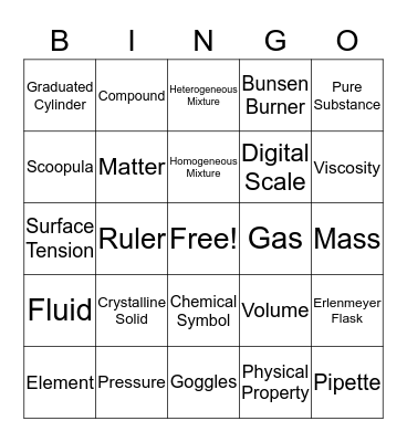 States of Matter Bingo Card