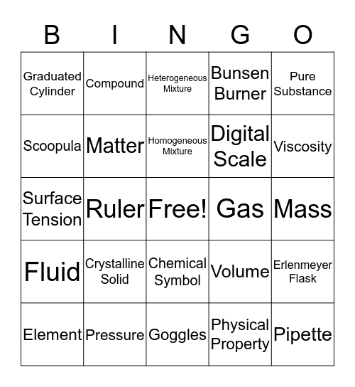 States of Matter Bingo Card