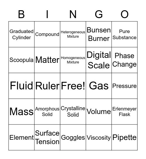 States of Matter Bingo Card