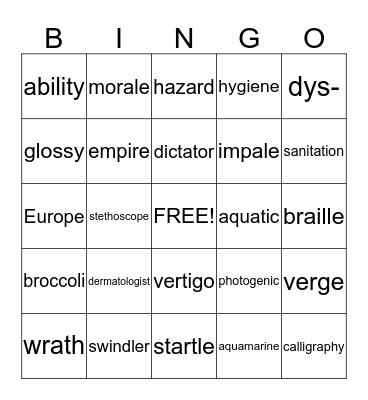 Vocabulary Words Bingo Card