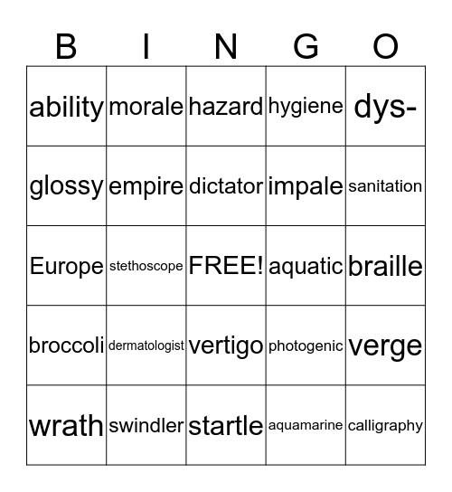 Vocabulary Words Bingo Card