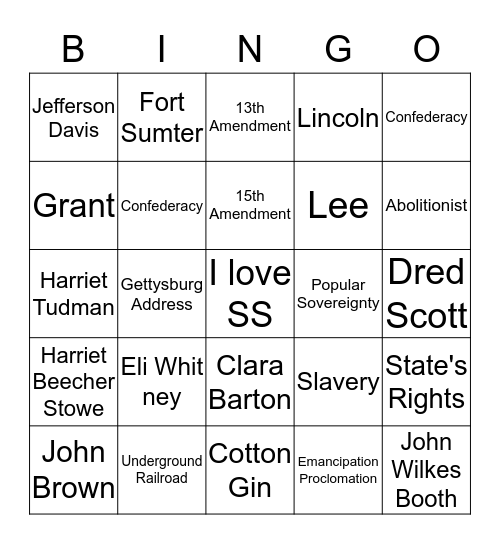 Civil War Bingo Card