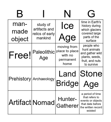 Hunter Gatherer Bingo Card