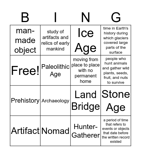 Hunter Gatherer Bingo Card