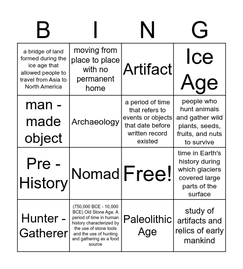 Social Studies - Stone / Paleolithic Age Bingo Card