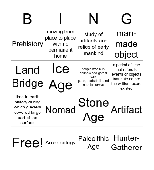 Hunter Gatherer Bingo Card
