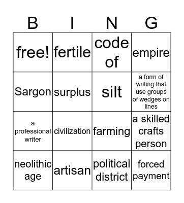 Neolithic Age Bingo Card