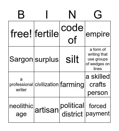 Neolithic Age Bingo Card