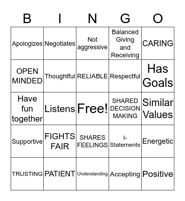 Healthy Relationships  Bingo Card