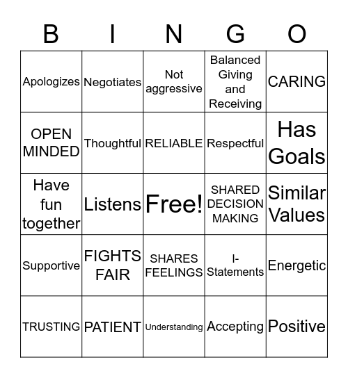Healthy Relationships  Bingo Card