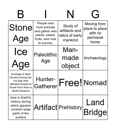 Hunter Gatherer Bingo Card