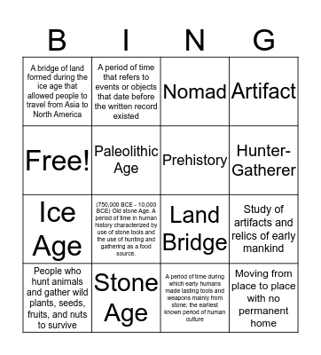 Hunter Gatherer Bingo Card