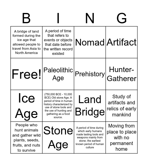 Hunter Gatherer Bingo Card