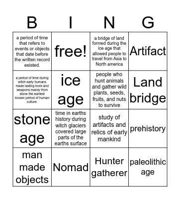 Hunter Gatherer Bingo Card