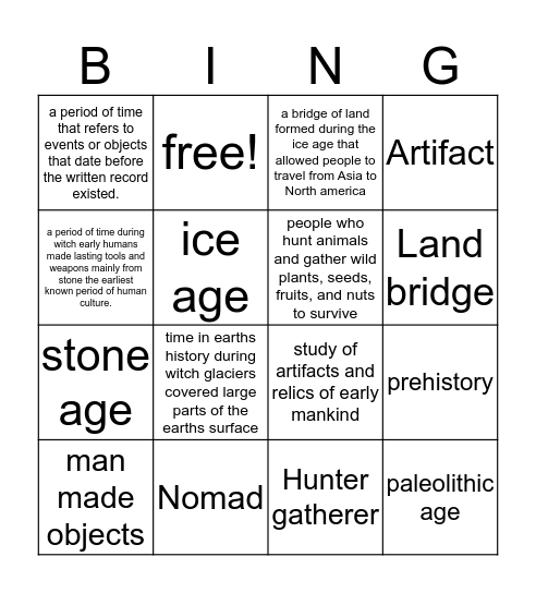 Hunter Gatherer Bingo Card