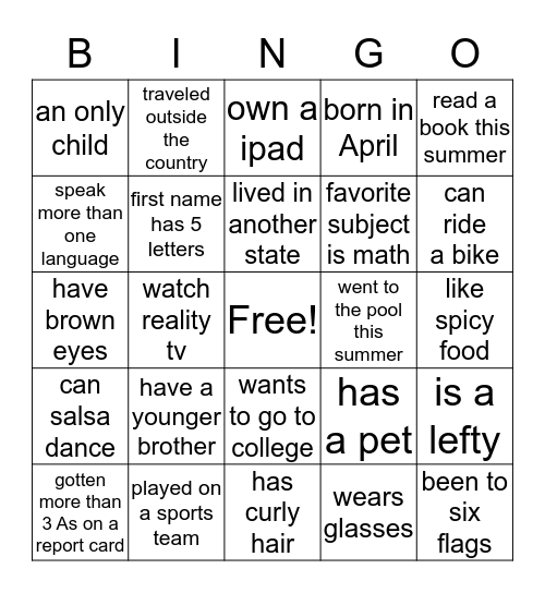 Algebra I  - Bingo Card