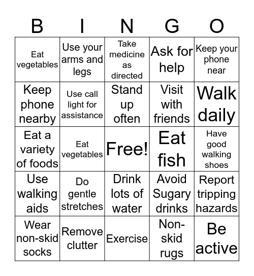 Fall Prevention Bingo Card