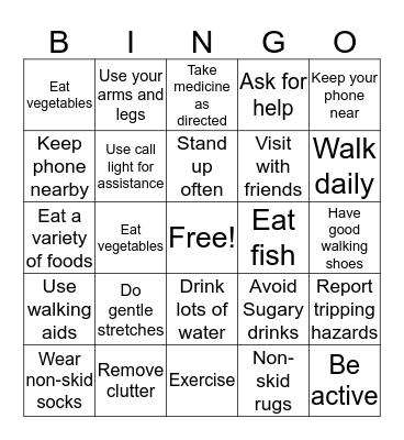 Fall Prevention Bingo Card