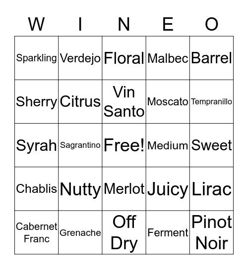 Wine-O Bingo Card