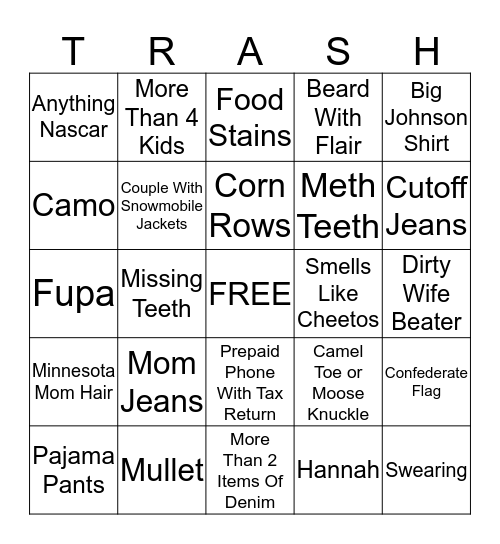 White Trash Bingo Card