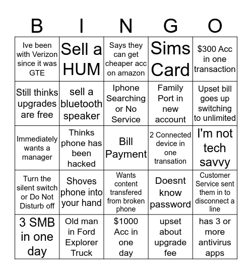 Verizon Bingo Card