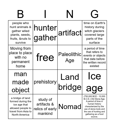 Paleolithic Bingo Card