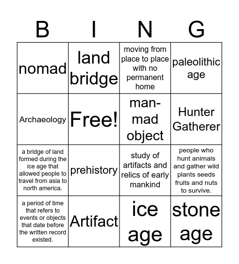 Hunter and gatherer bingo Card