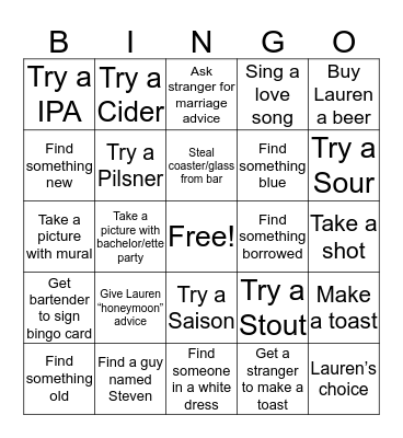 Lauren's Brewery Bachelorette Bingo Card