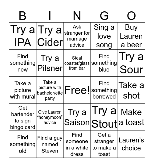 Lauren's Brewery Bachelorette Bingo Card