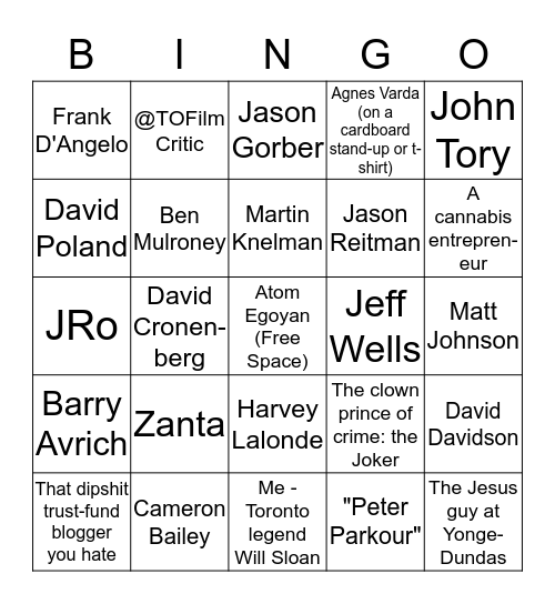 TIFF Celebrity Sightings Bingo Card