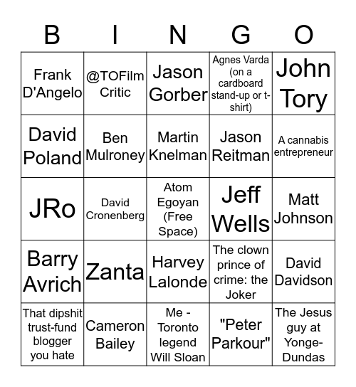 TIFF Celebrity Sightings Bingo Card