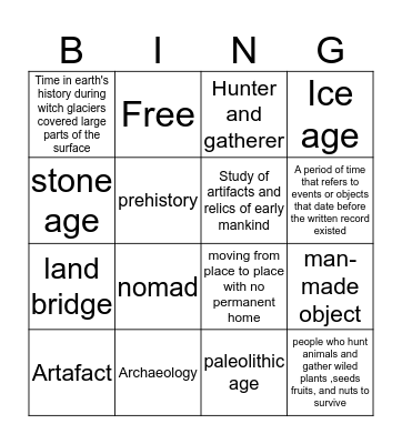 Hunters and  gathers Bingo Card