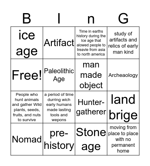 Hunter and Gatherer bingo Card