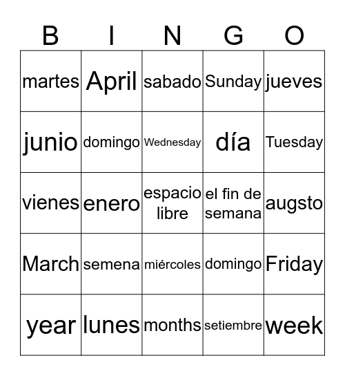 Days of the Week Bingo Card