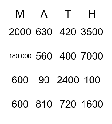 Mental Math Bingo Card