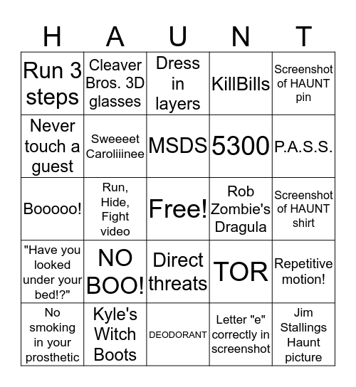 Scare 101 Bingo Card