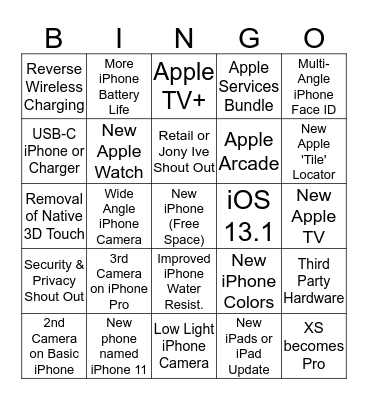 Apple Sept 2019 Bingo Card