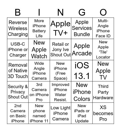 Apple Sept 2019 Bingo Card